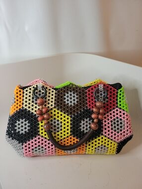 Adorable Large Handmade Colorful Beaded Hexagon Pattern Women's Handbag